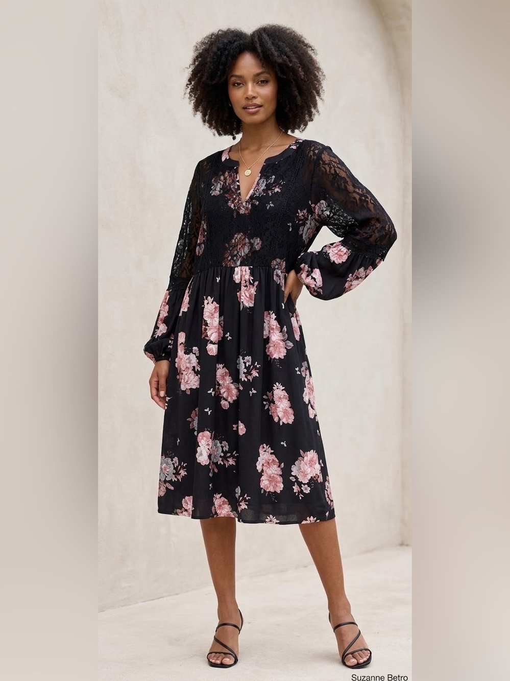 Suzanne Betro Black and Pink Floral Midi Dress